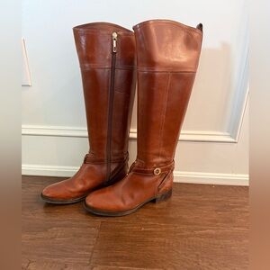 Tory Burch Brita Brown Leather Riding Boots 22138519, Side Zip, Size 6.5M